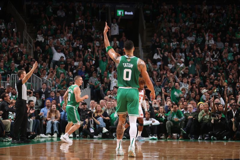 BOSTON, MA - OCTOBER 22: Jayson Tatum #0 of the Boston Celtics celebrates during the game against the New York Knicks on October 22, 2024 at TD Garden in Boston, Massachusetts. NOTE TO USER: User expressly acknowledges and agrees that, by downloading and or using this Photograph, user is consenting to the terms and conditions of the Getty Images License Agreement. Mandatory Copyright Notice: Copyright 2024 NBAE (Photo by Nathaniel S. Butler/NBAE via Getty Images)