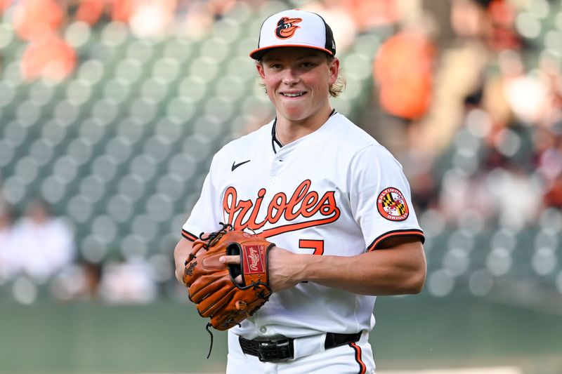 Sep 4, 2024; Baltimore, Maryland, USA;  Baltimore Orioles second base Jackson Holliday (7) reacts while on the filed before the game against the Chicago White Sox at Oriole Park at Camden Yards. Mandatory Credit: Tommy Gilligan - Imagn Images