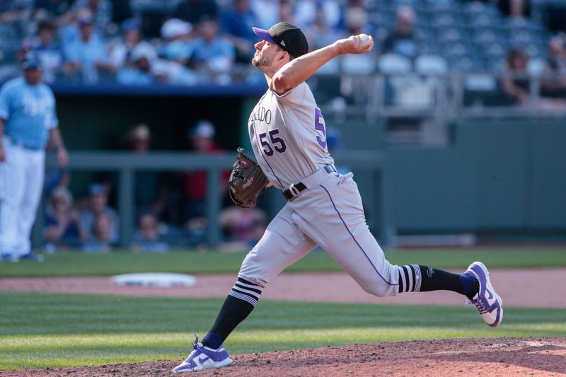 Jun 3, 2023; Kansas City, Missouri, USA;  Colorado Rockies relief pitcher Brad Hand (55) pitches during the eighth inning against the Kansas City Royals at Kauffman Stadium. Mandatory Credit: William Purnell-USA TODAY Sports