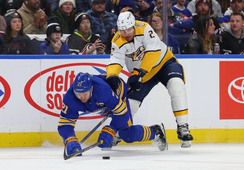 Dec 3, 2023; Buffalo, New York, USA;  Nashville Predators defenseman Luke Schenn (2) checks Buffalo Sabres right wing Kyle Okposo (21) as he skates with the puck during the first period at KeyBank Center. Mandatory Credit: Timothy T. Ludwig-USA TODAY Sports