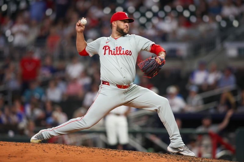 Aug 21, 2024; Atlanta, Georgia, USA; Philadelphia Phillies relief pitcher Carlos Estevez (53) throws against the Atlanta Braves in the ninth inning at Truist Park. Mandatory Credit: Brett Davis-USA TODAY Sports