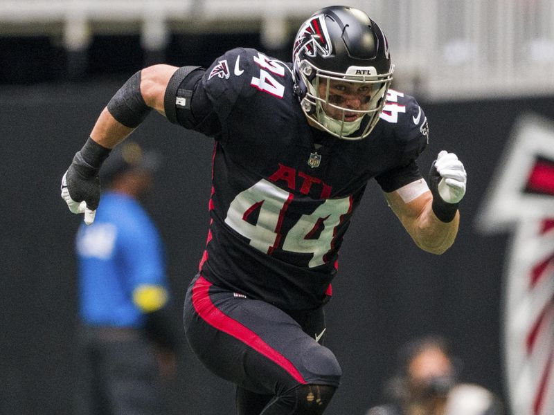 Atlanta Falcons linebacker Troy Andersen (44) works during the first half of an NFL football game against the Los Angeles Chargers, Sunday, Nov. 6, 2022, in Atlanta. The Los Angeles Chargers won 20-17. (AP Photo/Danny Karnik)