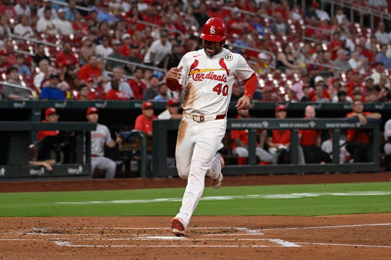 Sep 15, 2025; St. Louis, Missouri, USA; St. Louis Cardinals first baseman Willson Contreras (40) crosses home plate for a run against the Cincinnati Reds in the second inning at Busch Stadium. Mandatory Credit: Joe Puetz-Imagn Images