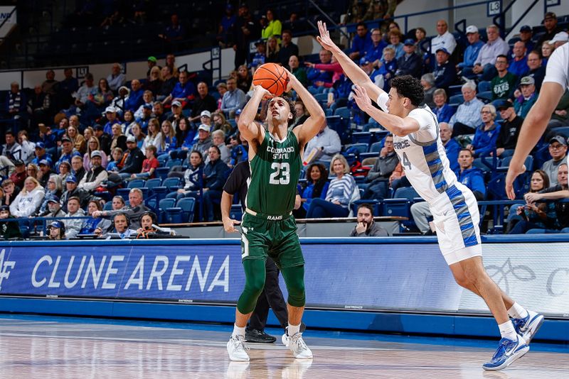 Feb 7, 2023; Colorado Springs, Colorado, USA; Colorado State Rams guard Isaiah Rivera (23) attempts a shot as Air Force Falcons guard Jeffrey Mills (24) defends in the first half at Clune Arena. Mandatory Credit: Isaiah J. Downing-USA TODAY Sports