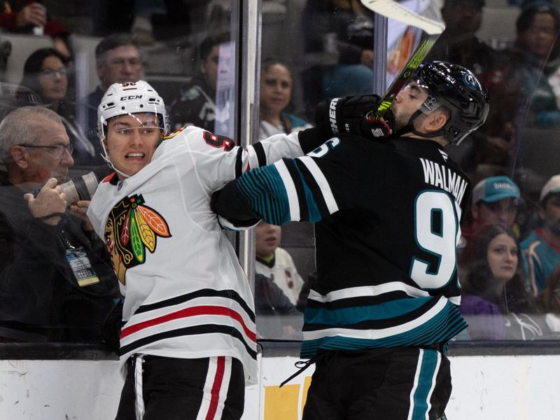 Oct 31, 2024; San Jose, California, USA; San Jose Sharks defenseman Jake Walman (96) checks Chicago Blackhawks center Connor Bedard (98) into the boards during the first period at SAP Center at San Jose. Mandatory Credit: D. Ross Cameron-Imagn Images