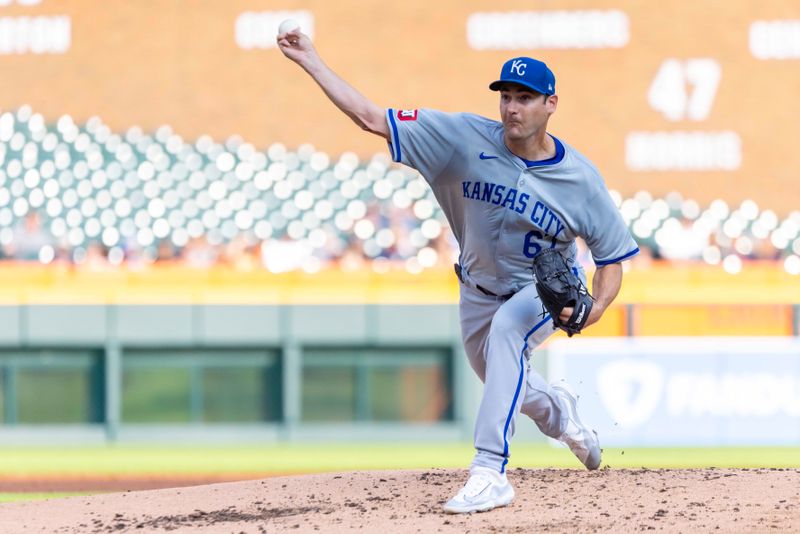 Aug 1, 2024; Detroit, Michigan, USA; Kansas City Royals starting pitcher Seth Lugo (67) delivers a pitch in the first inning against the Detroit Tigers at Comerica Park. Mandatory Credit: David Reginek-USA TODAY Sports