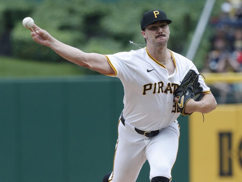 May 11, 2024; Pittsburgh, Pennsylvania, USA;  Pittsburgh Pirates starting pitcher Paul Skenes (30) pitches against the Chicago Cubs during the fourth inning at PNC Park. Mandatory Credit: Charles LeClaire-USA TODAY Sports