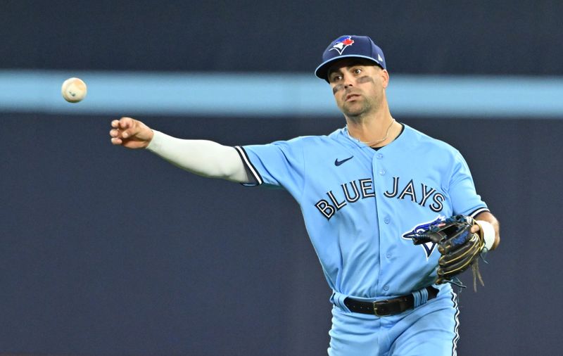 Aug 28, 2023; Toronto, Ontario, CAN;  Toronto Blue Jays second baseman Whit Merrifield (15) throws out Washington Nationals first baseman Dominic Smith (not pictured) in the eighth inning at Rogers Centre. Mandatory Credit: Dan Hamilton-USA TODAY Sports