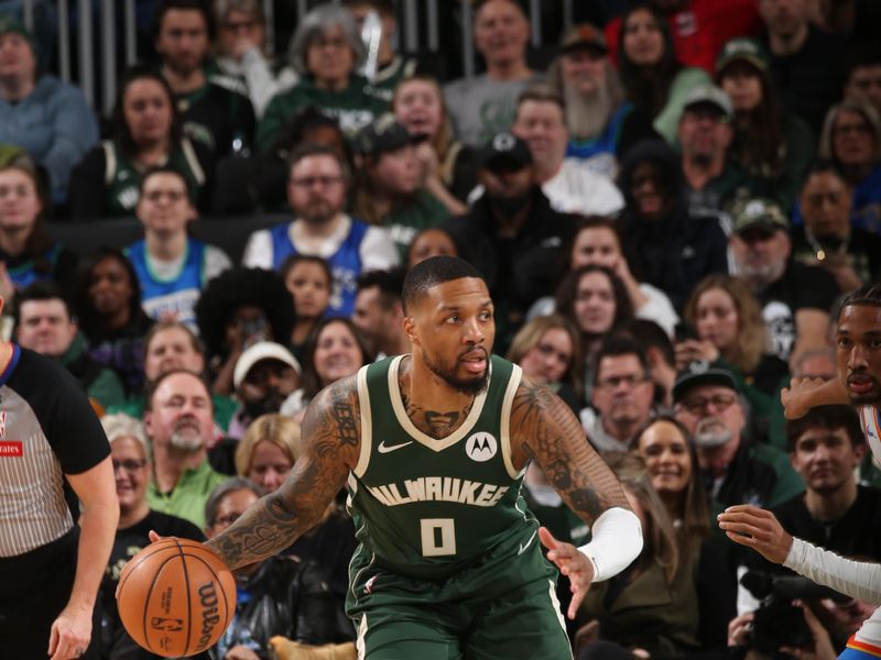 MILWAUKEE, WI - MARCH 24: Damian Lillard #0 of the Milwaukee Bucks handles the ball during the game against the Oklahoma City Thunder on March 24, 2024 at the Fiserv Forum Center in Milwaukee, Wisconsin. NOTE TO USER: User expressly acknowledges and agrees that, by downloading and or using this Photograph, user is consenting to the terms and conditions of the Getty Images License Agreement. Mandatory Copyright Notice: Copyright 2024 NBAE (Photo by Gary Dineen/NBAE via Getty Images).