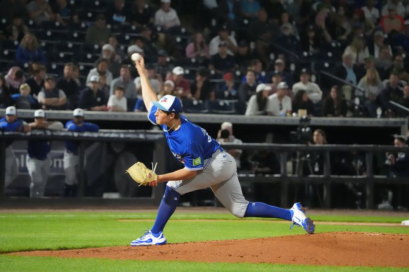 Feb 28, 2025; Tampa, Florida, USA; Toronto Blue Jays pitcher Jake Bloss (39) throws a pitch against the New York Yankees during the first inning at George M. Steinbrenner Field. Mandatory Credit: Dave Nelson-Imagn Images