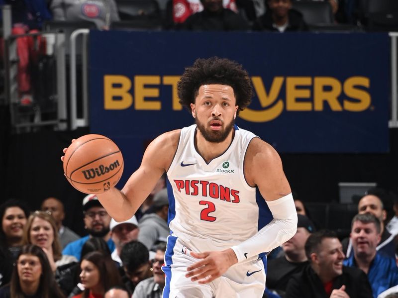 DETROIT, MI - FEBRUARY 28: Cade Cunningham #2 of the Detroit Pistons dribbles the ball during the game against the Denver Nuggets on February 28, 2025 at Little Caesars Arena in Detroit, Michigan. NOTE TO USER: User expressly acknowledges and agrees that, by downloading and/or using this photograph, User is consenting to the terms and conditions of the Getty Images License Agreement. Mandatory Copyright Notice: Copyright 2025 NBAE (Photo by Chris Schwegler/NBAE via Getty Images)