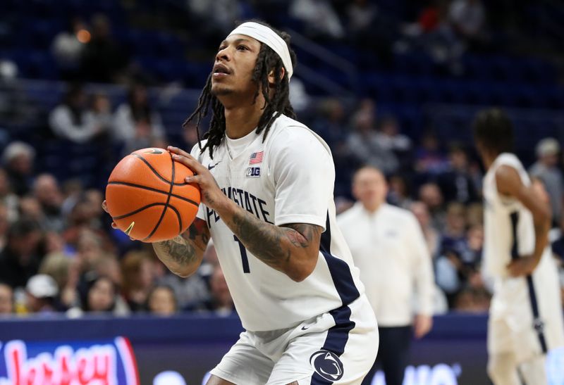 Dec 21, 2023; University Park, Pennsylvania, USA; Penn State Nittany Lions guard Ace Baldwin Jr (1) shoots a set of free throws following a technical foul during the first half against the Le Moyne Dolphins at Bryce Jordan Center. Penn State defeated Le Moyne 72-55. Mandatory Credit: Matthew O'Haren-USA TODAY Sports