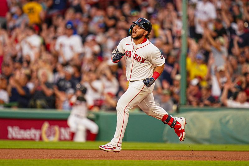 Jul 11, 2024; Boston, Massachusetts, USA; Boston Red Sox right fielder Wilyer Abreu (52) hits a home run against the Oakland Athletics in the fourth inning at Fenway Park. Mandatory Credit: David Butler II-USA TODAY Sports