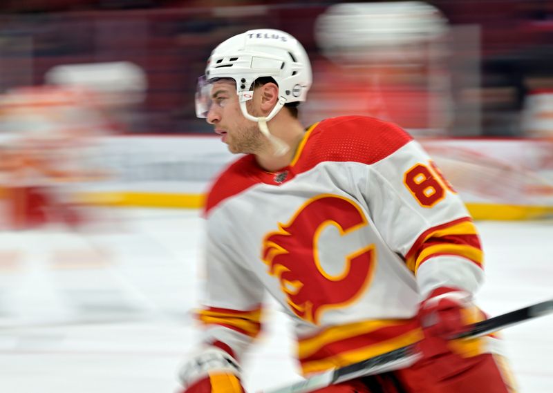 Nov 14, 2023; Montreal, Quebec, CAN; Calgary Flames forward Andrew Mangiapane (88) skates during the warmup period before the game against the Montreal Canadiens at the Bell Centre. Mandatory Credit: Eric Bolte-USA TODAY Sports