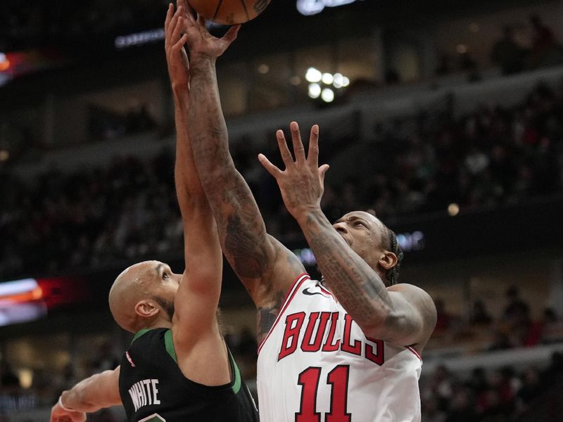 CHICAGO, ILLINOIS - FEBRUARY 22: DeMar DeRozan #11 of the Chicago Bulls shoots the ball against Derrick White #9 of the Boston Celtics during the second half at the United Center on February 22, 2024 in Chicago, Illinois. NOTE TO USER: User expressly acknowledges and agrees that, by downloading and or using this photograph, User is consenting to the terms and conditions of the Getty Images License Agreement. (Photo by Patrick McDermott/Getty Images)