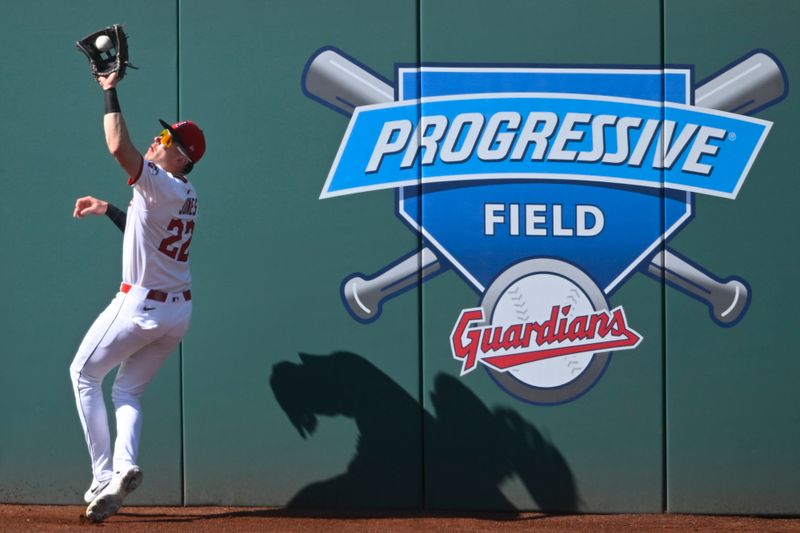 Jun 28, 2025; Cleveland, Ohio, USA; Cleveland Guardians right fielder Nolan Jones (22) makes a catch for an out in the third inning against the St. Louis Cardinals at Progressive Field. Mandatory Credit: David Richard-Imagn Images