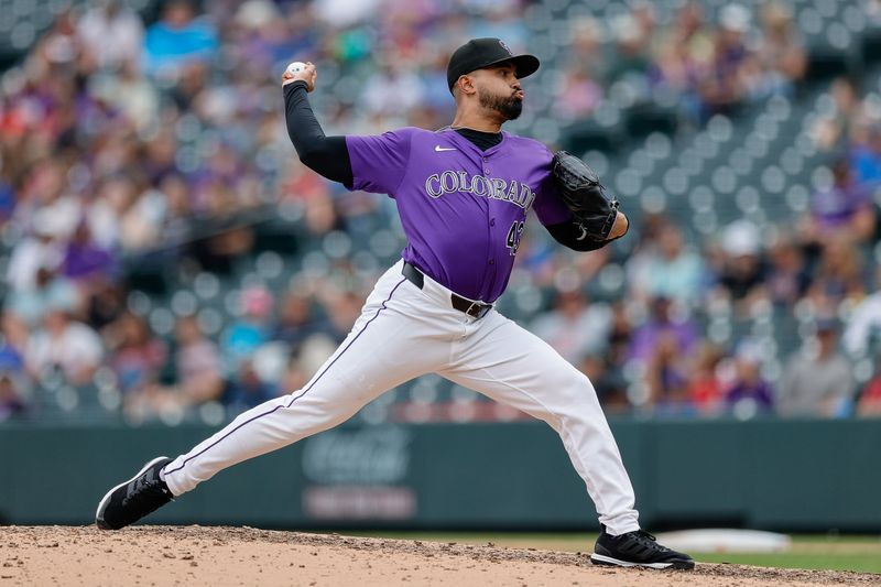 Aug 8, 2024; Denver, Colorado, USA; Colorado Rockies relief pitcher Anthony Molina (43) pitches in the ninth inning against the New York Mets at Coors Field. Mandatory Credit: Isaiah J. Downing-USA TODAY Sports