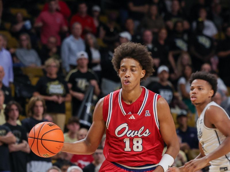 Nov 12, 2024; Orlando, Florida, USA; Florida Atlantic Owls forward Baba Miller (18) dribbles during the first half against the UCF Knights at Addition Financial Arena. Mandatory Credit: Mike Watters-Imagn Images