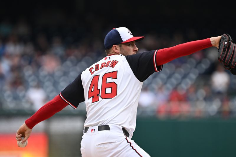May 26, 2024; Washington, District of Columbia, USA; Washington Nationals starting pitcher Patrick Corbin (46) throws a pitch against the Seattle Mariners during the first inning at Nationals Park. Mandatory Credit: Rafael Suanes-USA TODAY Sports