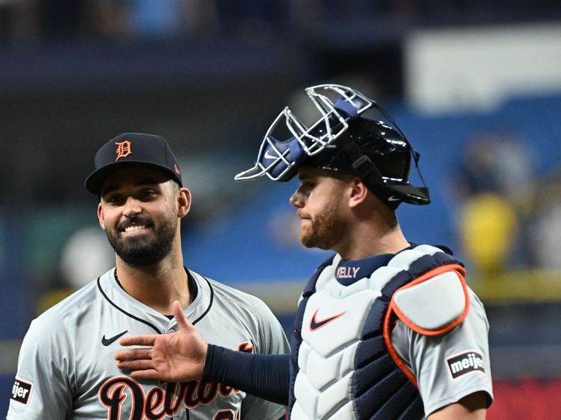 Apr 23, 2024; St. Petersburg, Florida, USA; Detroit Tigers designated hitter Riley Greene (31) and catcher Carson Kelly (15) celebrate after the final out against the Tampa Bay Rays at Tropicana Field. Mandatory Credit: Jonathan Dyer-USA TODAY Sports