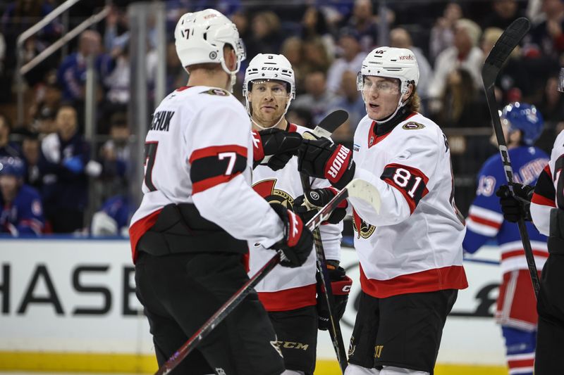 Nov 1, 2024; New York, New York, USA;  Ottawa Senators right wing Adam Gaudette (81) celebrates with his teammates after scoring a goal in the third period against the New York Rangers at Madison Square Garden. Mandatory Credit: Wendell Cruz-Imagn Images