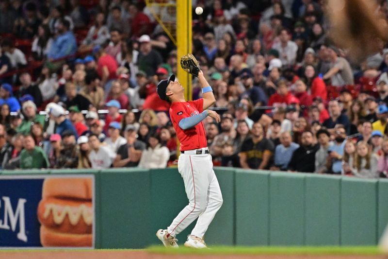 Sep 27, 2024; Boston, Massachusetts, USA; Boston Red Sox second baseman Vaughn Grissom (5) makes a catch for an out against the Tampa Bay Rays during the seventh inning at Fenway Park. Mandatory Credit: Eric Canha-Imagn Images