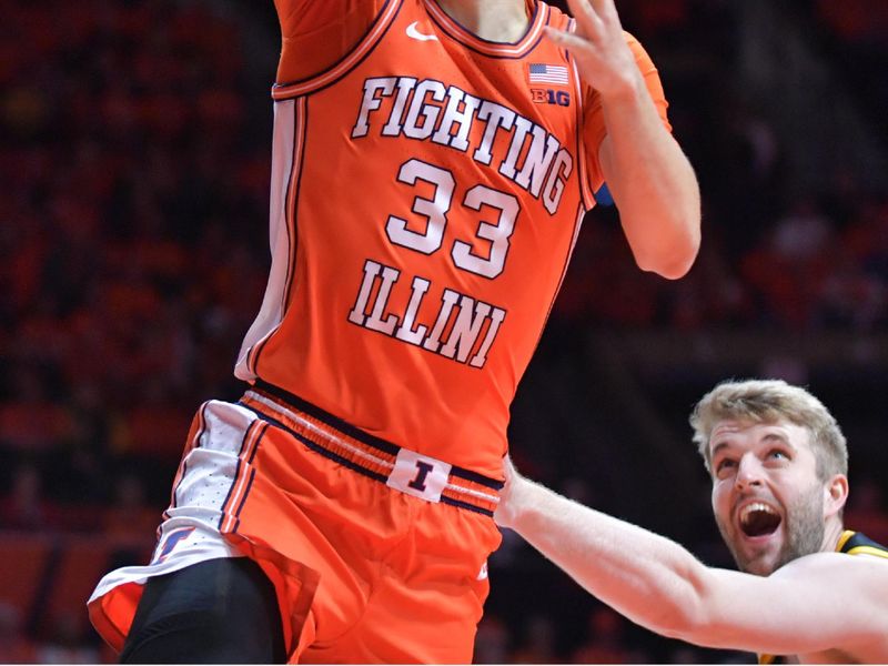 Feb 24, 2024; Champaign, Illinois, USA;  Illinois Fighting Illini forward Coleman Hawkins (33) drives to the basket during the first half at State Farm Center. Mandatory Credit: Ron Johnson-USA TODAY Sports