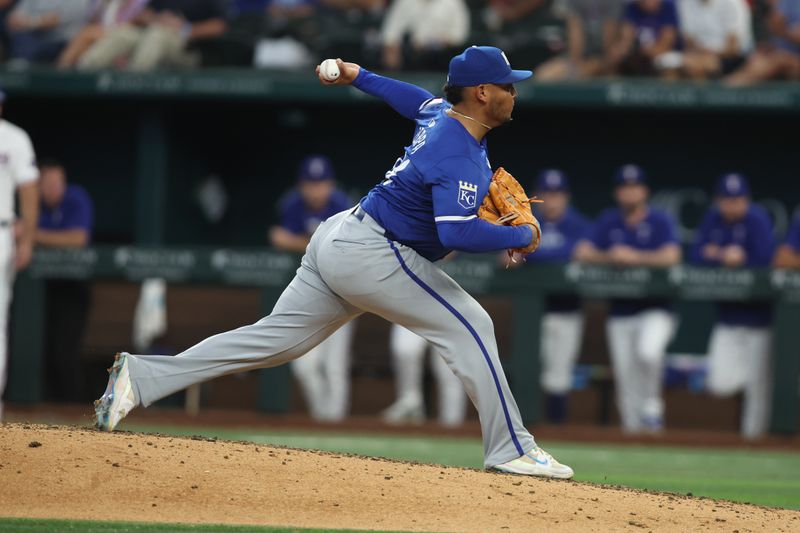 Jun 22, 2024; Arlington, Texas, USA;  Kansas City Royals pitcher Angel Zerpa (61) throws a pitch in the eighth inning against the Texas Rangers at Globe Life Field. Mandatory Credit: Tim Heitman-USA TODAY Sports