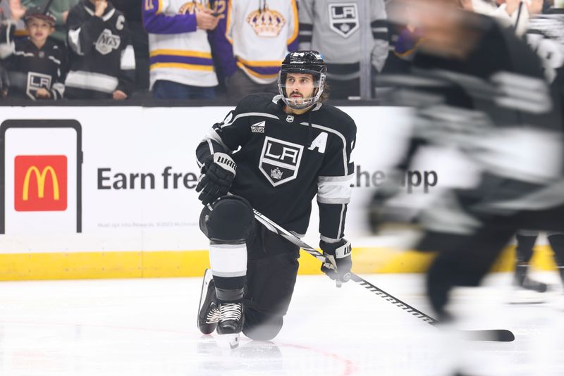 Dec 23, 2023; Los Angeles, California, USA; Los Angeles Kings center Phillip Danault (24) looks on before a game against the Calgary Flames at Crypto.com Arena. Mandatory Credit: Jessica Alcheh-USA TODAY Sports