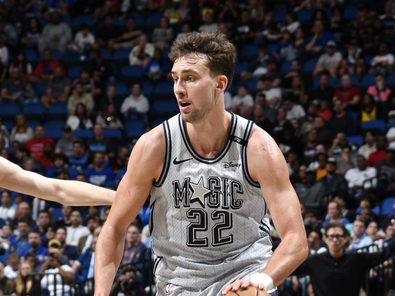 ORLANDO, FL - FEBRUARY 10: Franz Wagner #22 of the Orlando Magic handles the ball during the game against the Atlanta Hawks on February 10, 2025 at Kia Center in Orlando, Florida. NOTE TO USER: User expressly acknowledges and agrees that, by downloading and or using this photograph, User is consenting to the terms and conditions of the Getty Images License Agreement. Mandatory Copyright Notice: Copyright 2025 NBAE (Photo by Fernando Medina/NBAE via Getty Images)