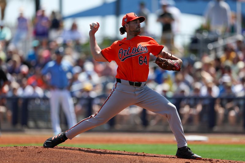 Mar 15, 2024; Port Charlotte, Florida, USA;  Baltimore Orioles starting pitcher Dean Kremer (64) throws a pitch against the Tampa Bay Rays in the first inning at Charlotte Sports Park. Mandatory Credit: Nathan Ray Seebeck-USA TODAY Sports