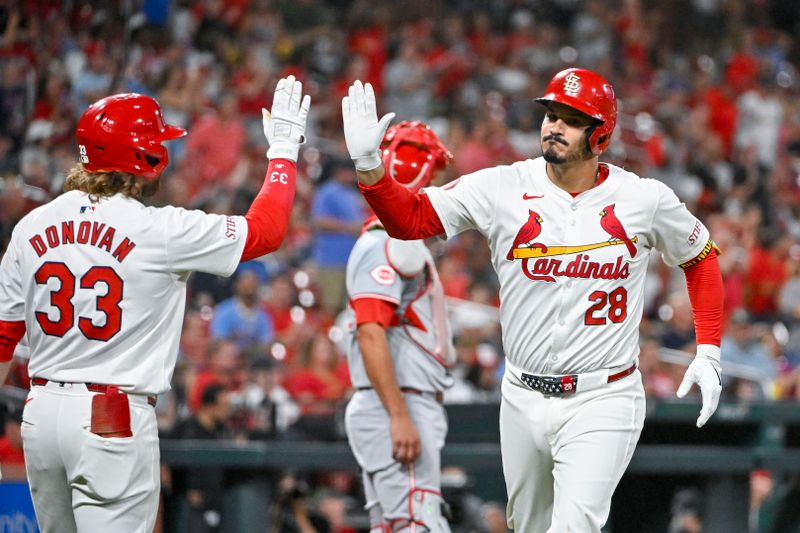 Sep 11, 2024; St. Louis, Missouri, USA;  St. Louis Cardinals third baseman Nolan Arenado (28) is congratulated by left fielder Brendan Donovan (33) after hitting a solo home run against the Cincinnati Reds during the fourth inning at Busch Stadium. Mandatory Credit: Jeff Curry-Imagn Images