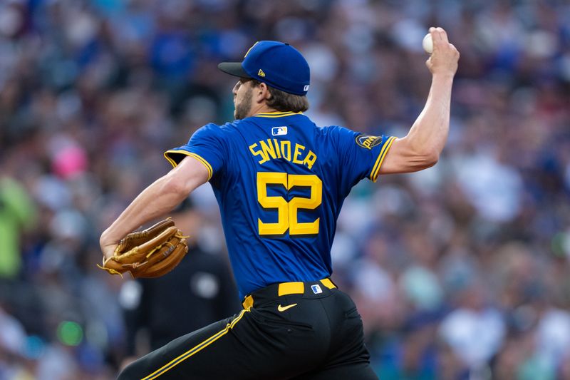 Jun 28, 2024; Seattle, Washington, USA; Seattle Mariners reliever Collin Snider (52) delivers a pitch during the eighth inning against the Minnesota Twins at T-Mobile Park. Mandatory Credit: Stephen Brashear-USA TODAY Sports