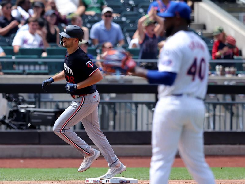 Jul 31, 2024; New York City, New York, USA; Minnesota Twins designated hitter Matt Wallner (38) rounds the bases after hitting a two run home run against New York Mets starting pitcher Luis Severino (40) during the third inning at Citi Field. Mandatory Credit: Brad Penner-USA TODAY Sports