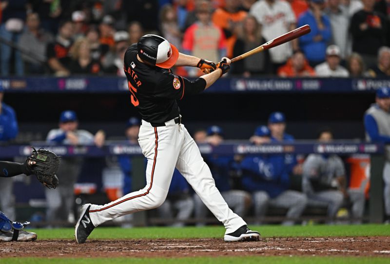 Oct 2, 2024; Baltimore, Maryland, USA; Baltimore Orioles batter Austin Slater (15) hits a single against the Kansas City Royals in the eighth inning in game two of the Wild Card round for the 2024 MLB Playoffs at Oriole Park at Camden Yards. Mandatory Credit: Tommy Gilligan-Imagn Images