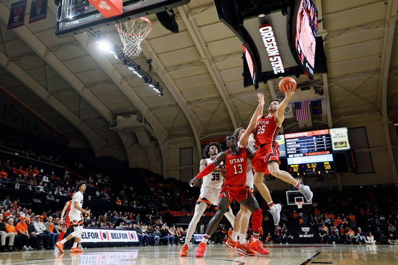 Jan 26, 2023; Corvallis, Oregon, USA; Utah Utes guard Rollie Worster (25) shoots the ball against Oregon State Beavers forward Tyler Bilodeau (10, left) during the second half at Gill Coliseum. Mandatory Credit: Soobum Im-USA TODAY Sports