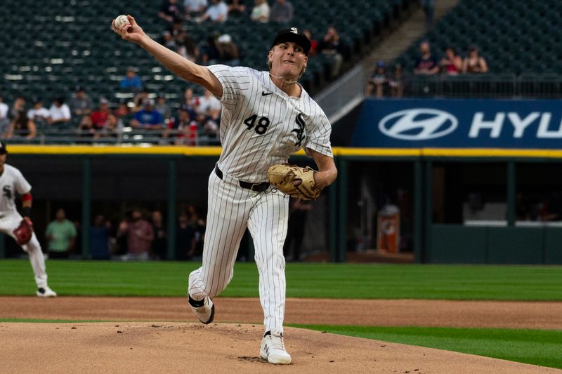 Sep 10, 2024; Chicago, Illinois, USA;  Chicago White Sox pitcher Jonathan Cannon (48) throws a pitch against the Cleveland Guardians during the first inning at Guaranteed Rate Field. Mandatory Credit: Matt Marton-Imagn Images