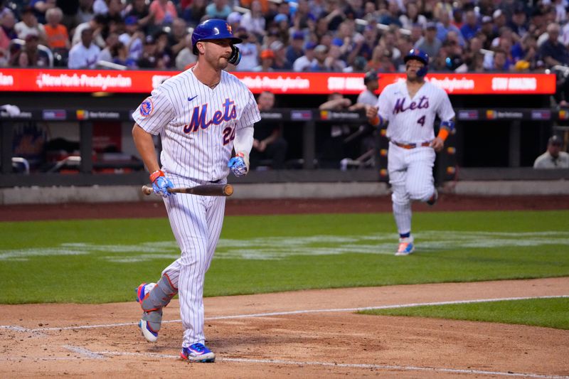 Jul 2, 2023; New York City, New York, USA; New York Mets designated hitter Pete Alonso (20) reacts to getting a bases loaded walk against the San Francisco Giants during the third inning at Citi Field. Mandatory Credit: Gregory Fisher-USA TODAY Sports