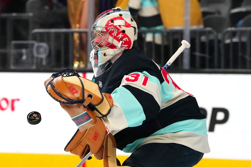 Mar 21, 2024; Las Vegas, Nevada, USA; Seattle Kraken goaltender Philipp Grubauer (31) warms up before a game against the Vegas Golden Knights at T-Mobile Arena. Mandatory Credit: Stephen R. Sylvanie-USA TODAY Sports