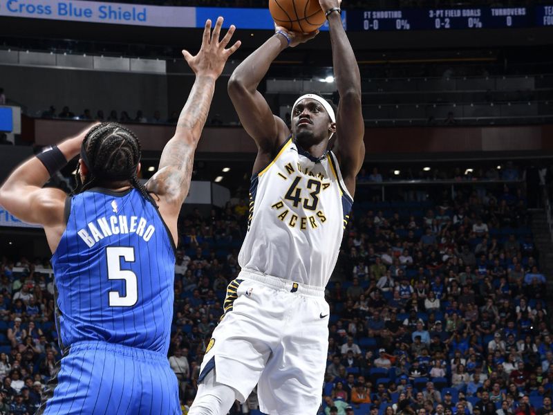 ORLANDO, FL - MARCH 10: Pascal Siakam #43 of the Indiana Pacers shoots the ball during the game  on March 10, 2024 at Amway Center in Orlando, Florida. NOTE TO USER: User expressly acknowledges and agrees that, by downloading and or using this photograph, User is consenting to the terms and conditions of the Getty Images License Agreement. Mandatory Copyright Notice: Copyright 2024 NBAE (Photo by Fernando Medina/NBAE via Getty Images)