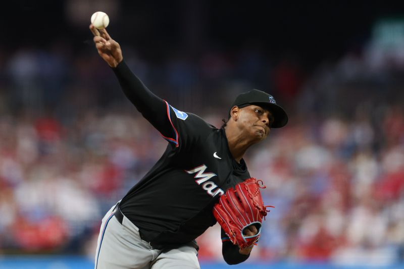 Aug 14, 2024; Philadelphia, Pennsylvania, USA; Miami Marlins pitcher Edward Cabrera (27) throws a pitch during the fourth inning against the Philadelphia Phillies at Citizens Bank Park. Mandatory Credit: Bill Streicher-USA TODAY Sports