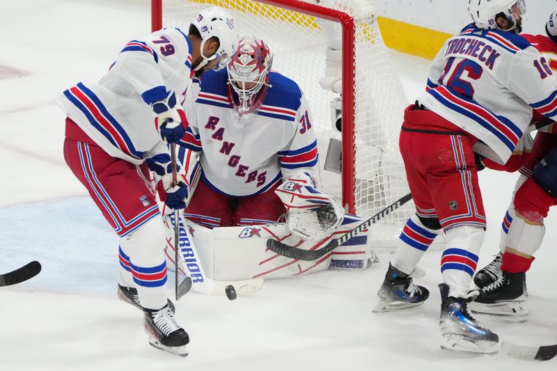 Jun 1, 2024; Sunrise, Florida, USA; New York Rangers goaltender Igor Shesterkin (31) makes a save against the Florida Panthers during the second period in game six of the Eastern Conference Final of the 2024 Stanley Cup Playoffs at Amerant Bank Arena. Mandatory Credit: Jim Rassol-USA TODAY Sports