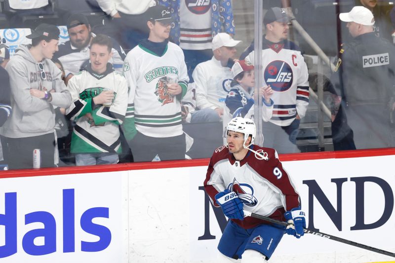 Apr 30, 2024; Winnipeg, Manitoba, CAN; Colorado Avalanche left wing Zach Parise (9) warms up before the game against the Winnipeg Jets in game five of the first round of the 2024 Stanley Cup Playoffs at Canada Life Centre. Mandatory Credit: James Carey Lauder-USA TODAY Sports