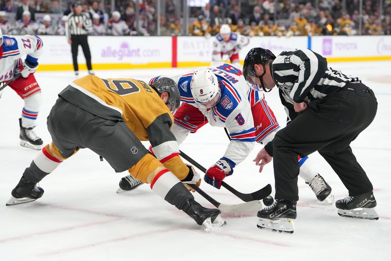 Nov 18, 2025; Las Vegas, Nevada, USA; Vegas Golden Knights center Jack Eichel (9) takes a face off against New York Rangers center J.T. Miller (8) during the second period at T-Mobile Arena. Mandatory Credit: Stephen R. Sylvanie-Imagn Images