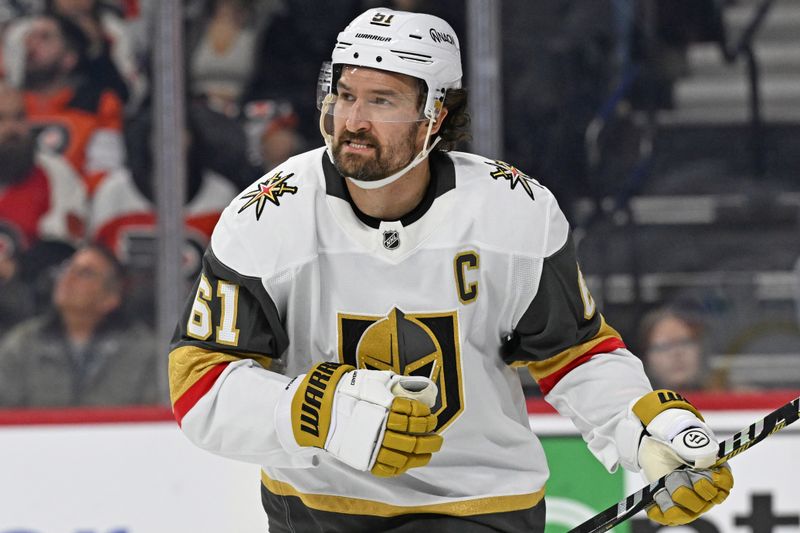 Dec 11, 2025; Philadelphia, Pennsylvania, USA; Vegas Golden Knights right wing Mark Stone (61) skates back to the bench after scoring a goal against the Philadelphia Flyers during the second period at Xfinity Mobile Arena. Mandatory Credit: Eric Hartline-Imagn Images