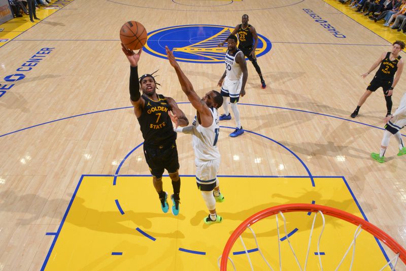 SAN FRANCISCO, CA - MAY 12:  Buddy Hield #7 of the Golden State Warriors drives to the basket during the game against the Minnesota Timberwolves  during Round 2 Game 4 of the 2025 NBA Playoffs on May 12, 2025 at Chase Center in San Francisco, California. NOTE TO USER: User expressly acknowledges and agrees that, by downloading and or using this photograph, user is consenting to the terms and conditions of Getty Images License Agreement. Mandatory Copyright Notice: Copyright 2025 NBAE (Photo by Jesse D. Garrabrant/NBAE via Getty Images)