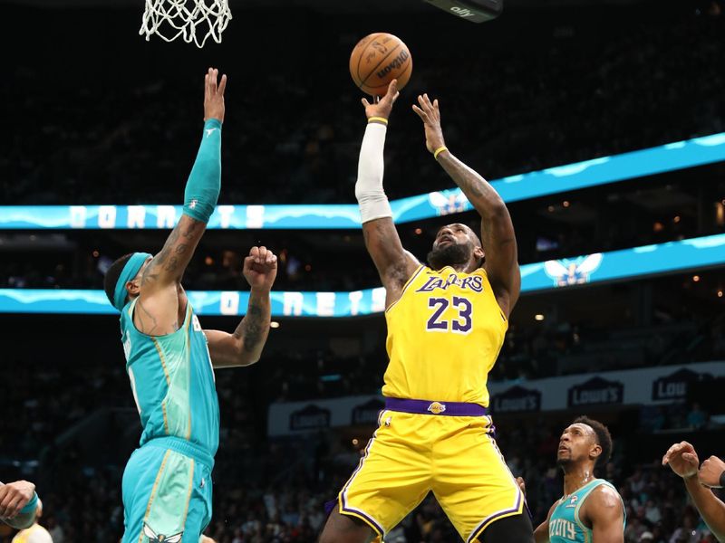 CHARLOTTE, NC - FEBRUARY 5: LeBron James #23 of the Los Angeles Lakers drives to the basket during the game against the Charlotte Hornets on February 5, 2024 at Spectrum Center in Charlotte, North Carolina. NOTE TO USER: User expressly acknowledges and agrees that, by downloading and or using this photograph, User is consenting to the terms and conditions of the Getty Images License Agreement.  Mandatory Copyright Notice:  Copyright 2024 NBAE (Photo by Brock Williams-Smith/NBAE via Getty Images)