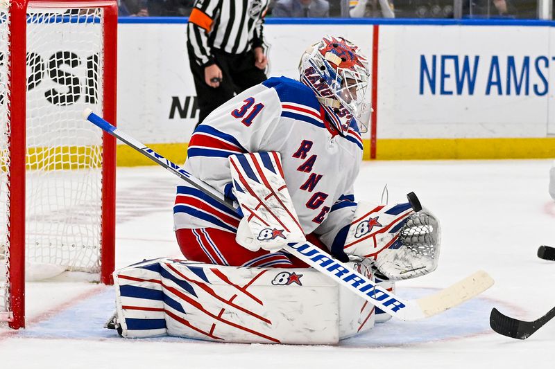 Jan 11, 2024; St. Louis, Missouri, USA;  New York Rangers goaltender Igor Shesterkin (31) defends the net against the St. Louis Blues during the second period at Enterprise Center. Mandatory Credit: Jeff Curry-USA TODAY Sports