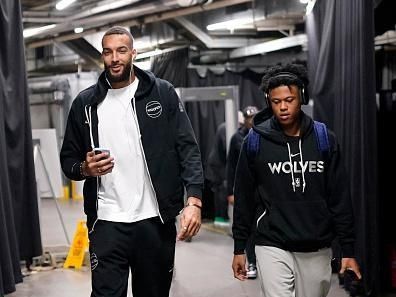 TORONTO, CANADA - OCTOBER 25: Rudy Gobert #27 of the Minnesota Timberwolves and Jaylen Clark #0 of the Minnesota Timberwolves arrives to the arena before the game against the Toronto Raptors on October 25, 2023 at the Scotiabank Arena in Toronto, Ontario, Canada.  NOTE TO USER: User expressly acknowledges and agrees that, by downloading and or using this Photograph, user is consenting to the terms and conditions of the Getty Images License Agreement.  Mandatory Copyright Notice: Copyright 2023 NBAE (Photo by Mark Blinch/NBAE via Getty Images)