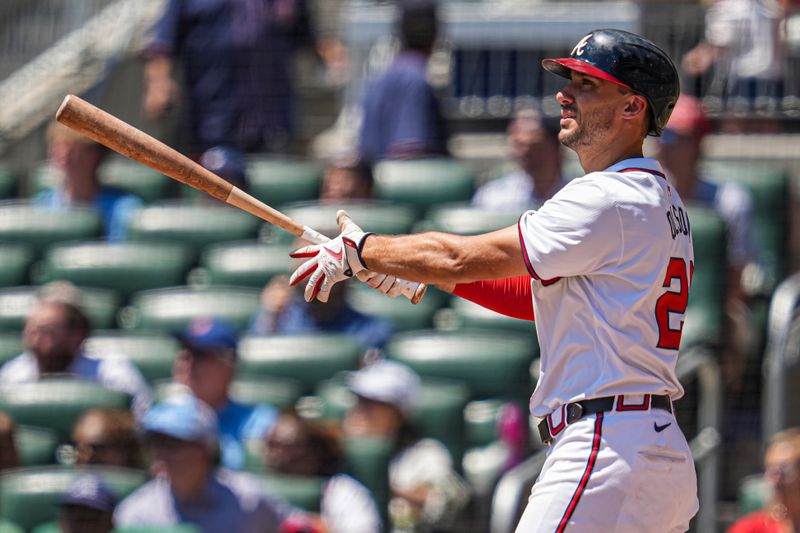 Aug 25, 2024; Cumberland, Georgia, USA; Atlanta Braves first baseman Matt Olson (28) watches after hitting a home run against the Washington Nationals during the sixth inning at Truist Park. Mandatory Credit: Dale Zanine-USA TODAY Sports